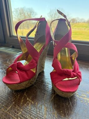 BAMBOO Hot Pink Knot Front Cork Wedge Sandals